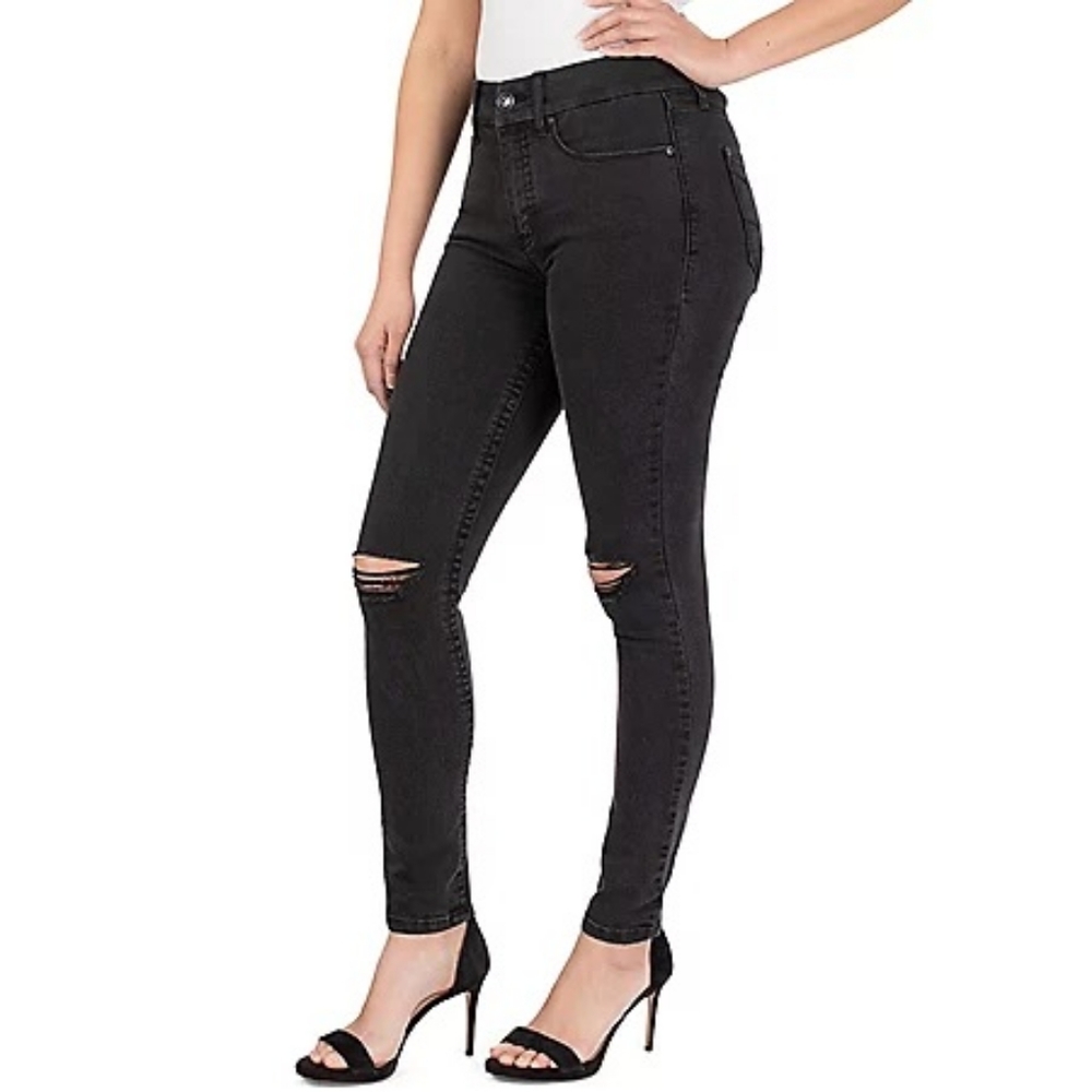 NWT Seven7 Womens Black Tummyless Black Distressed Ripped Knee Skinny Jeans - Picture 2 of 9